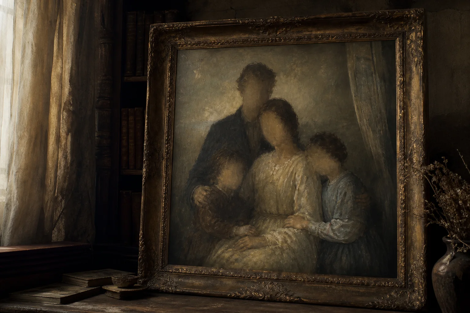 A painted family with indistinct faces in an ornate frame beside a softly lit window.