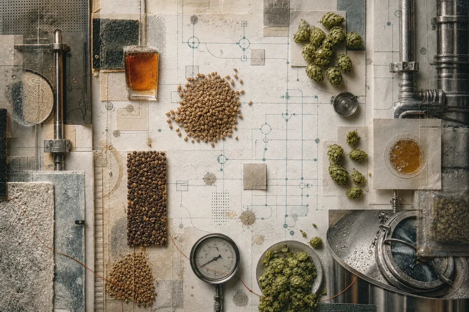 Malted grain, hop cones, brewing vessels and a pressure gauge layered over paper with teal connecting lines.